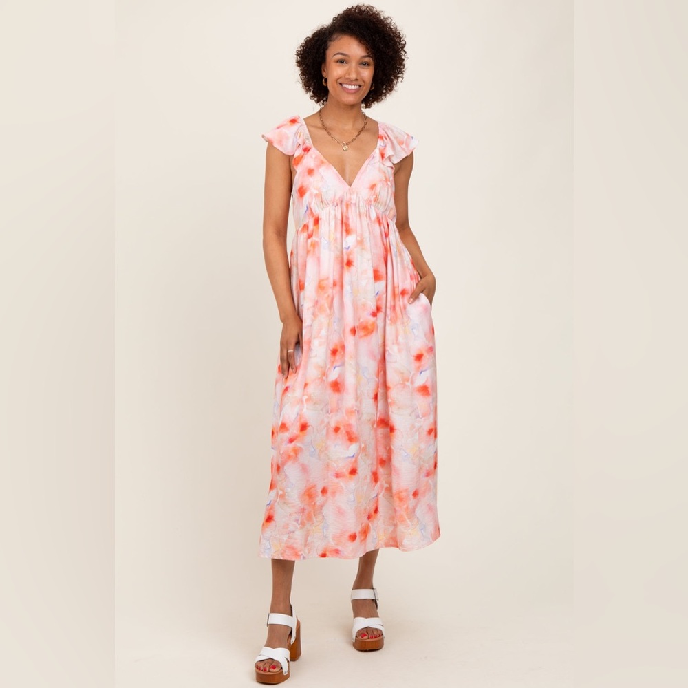 NWT In February Floral Watercolor Coral Flutter Sleeve Midi Dress